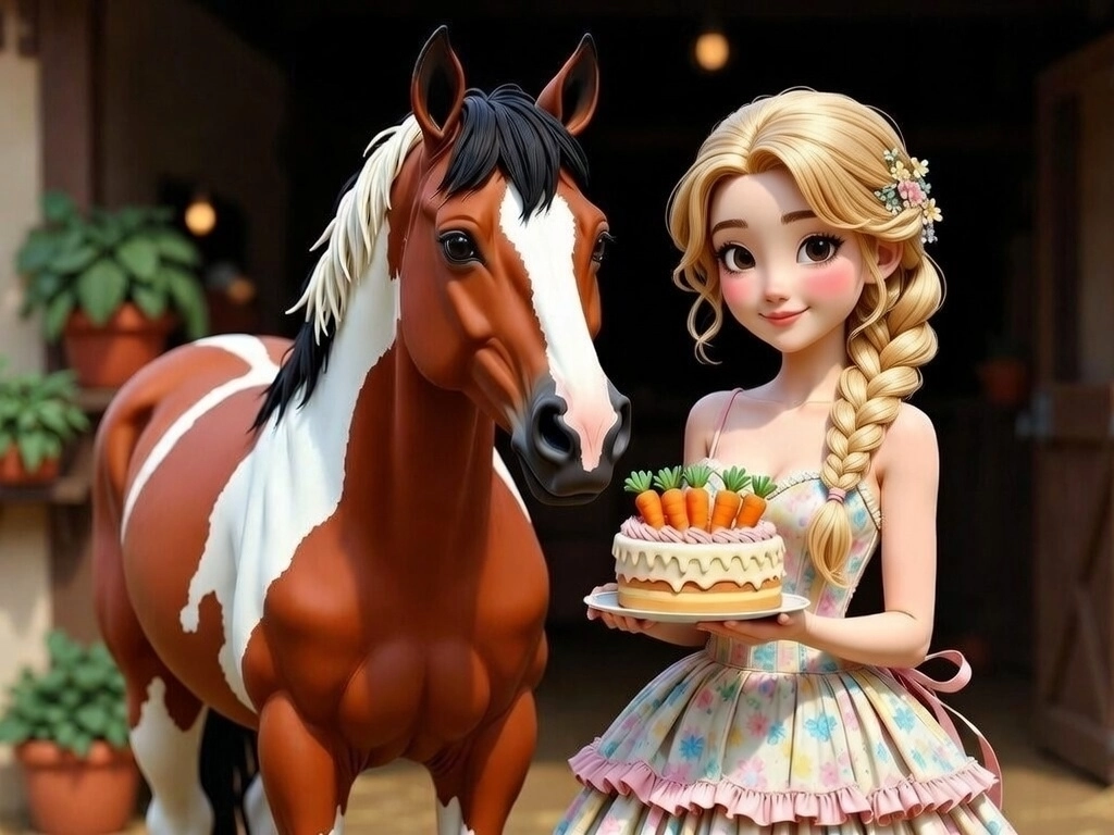 Cartoon of a girl holding a cake standing with her horse