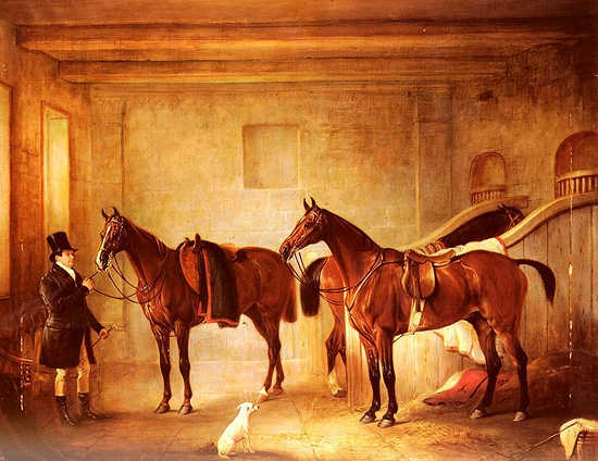 Sir John Thorold's Bay Hunters With Their Groom in A Stable - John Ferneley