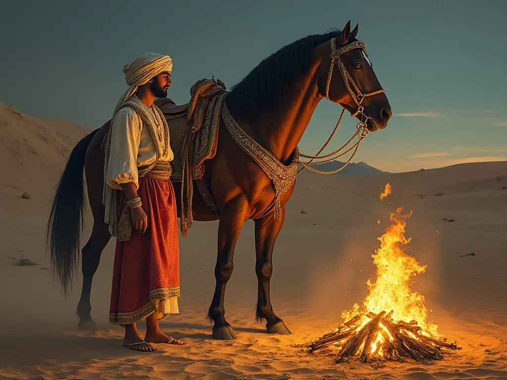 A man sitting by a fire in the desert