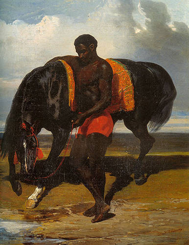 African Holding A Horse At the Edge of the Sea - Alfred Dedreux
