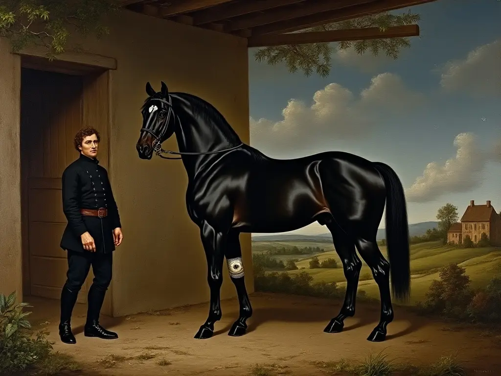 Black horse in a green field