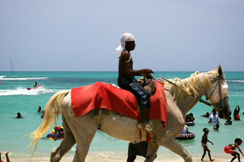 Caribbean Lifeguard Man and horse riding along the beach
