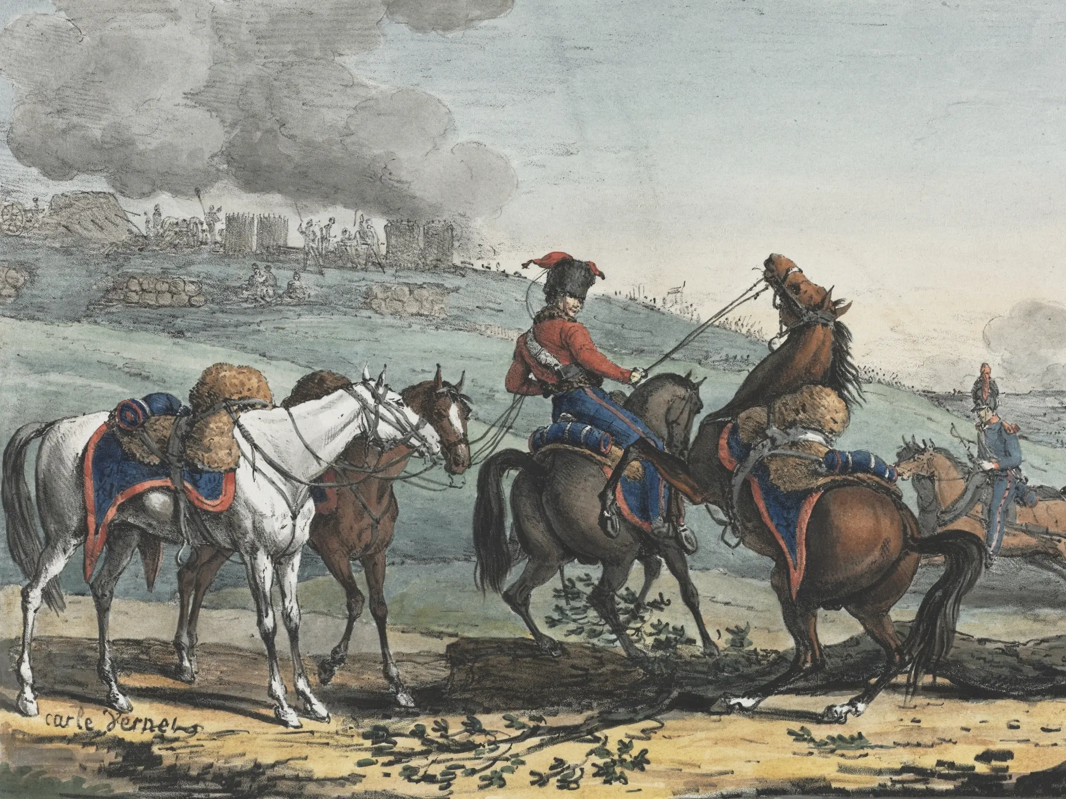 Mounted Artilleryman Leading Three Horses