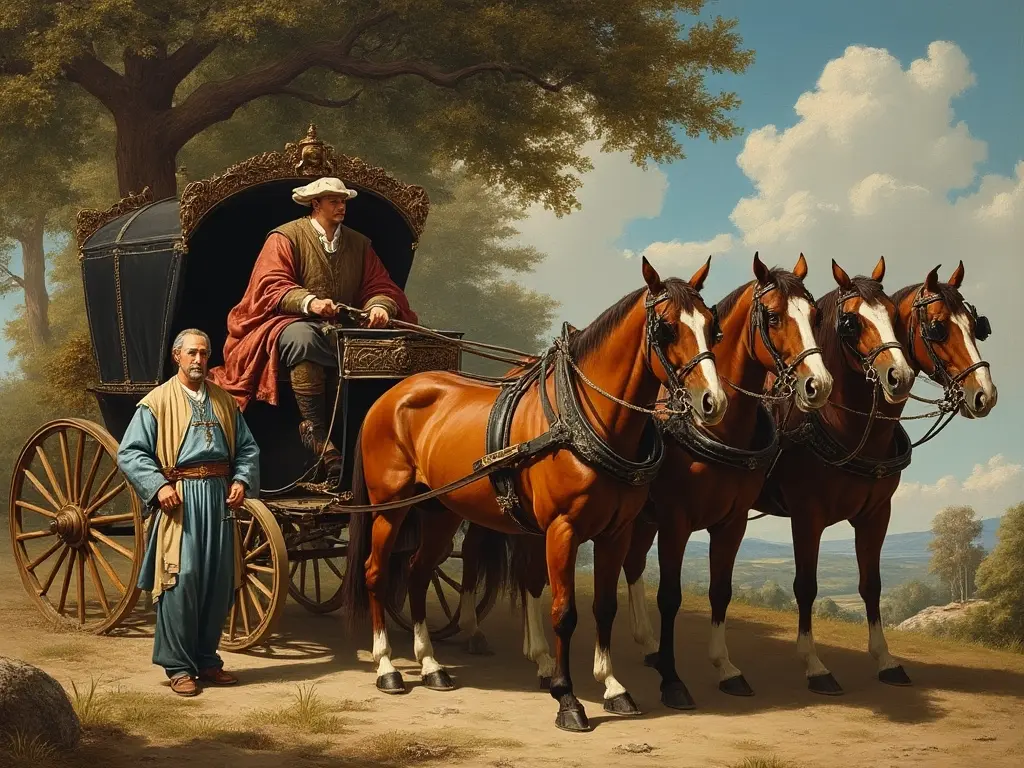 Painting of a carriage with four horses