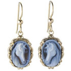 14k Gold Blue Agate Cameo Horse Earrings
