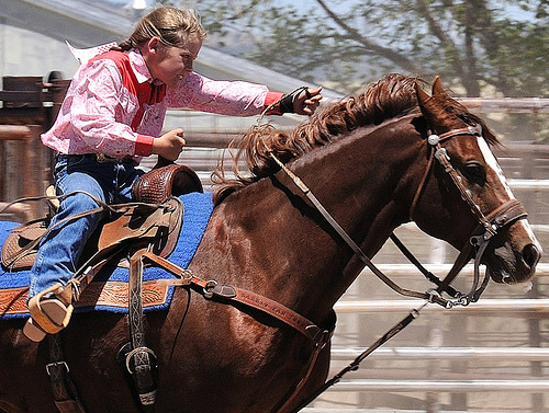 Teamwork Young girl riding horse in competition