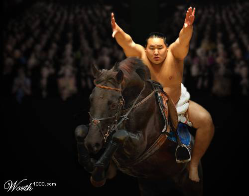 Photoshopped sumo wrestler and horse jumping