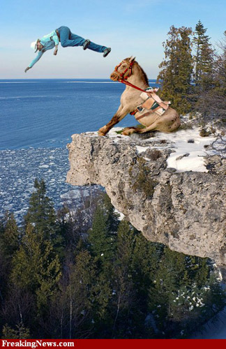 Off you go Photoshopped horse pitching rider off ledge