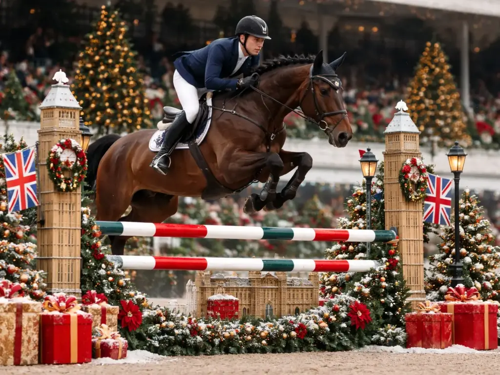 Horse and rider jumping over a Christmas themed jump