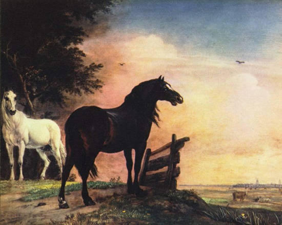 Two Horses in a Meadow near a Gate