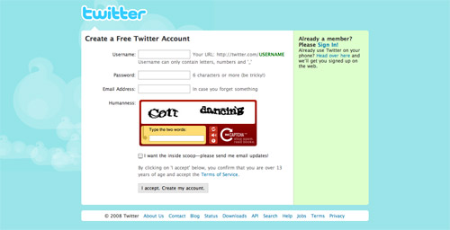 Twitter signup page