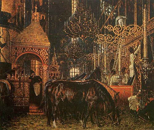 French troops stabling their horses in Uspensky Cathedral, Moscow
