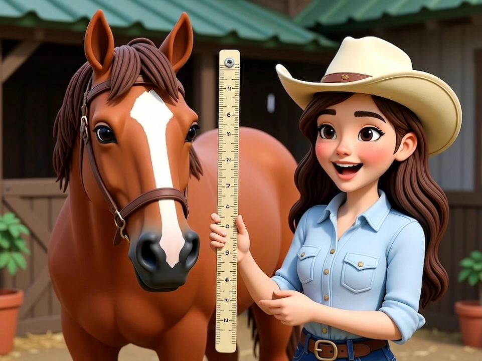 Cartoon of a girl measuring a horse