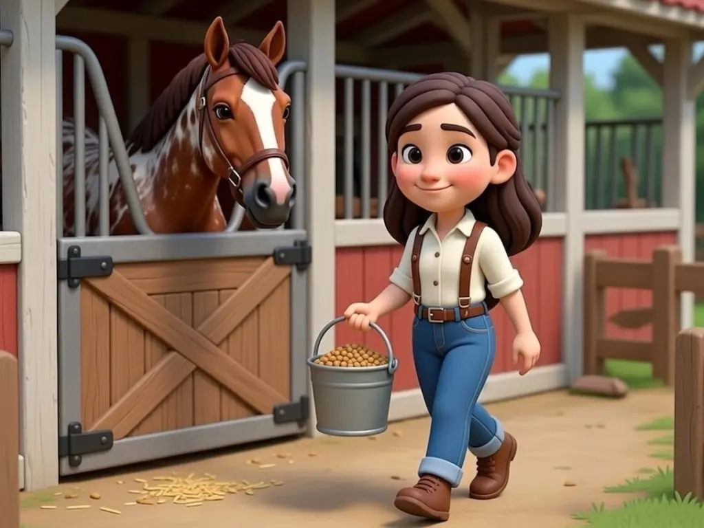 Cartoon of a girl carrying a pail of feed past a horse stall