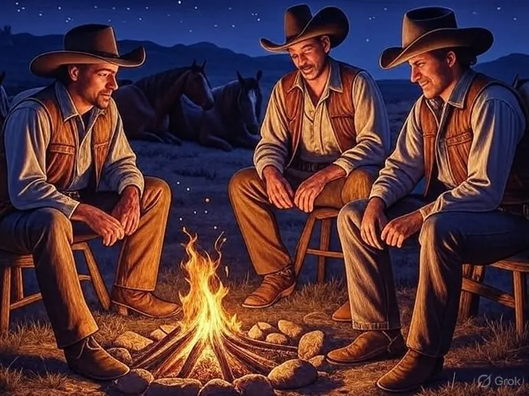 Three cowboys sitting around a campfire