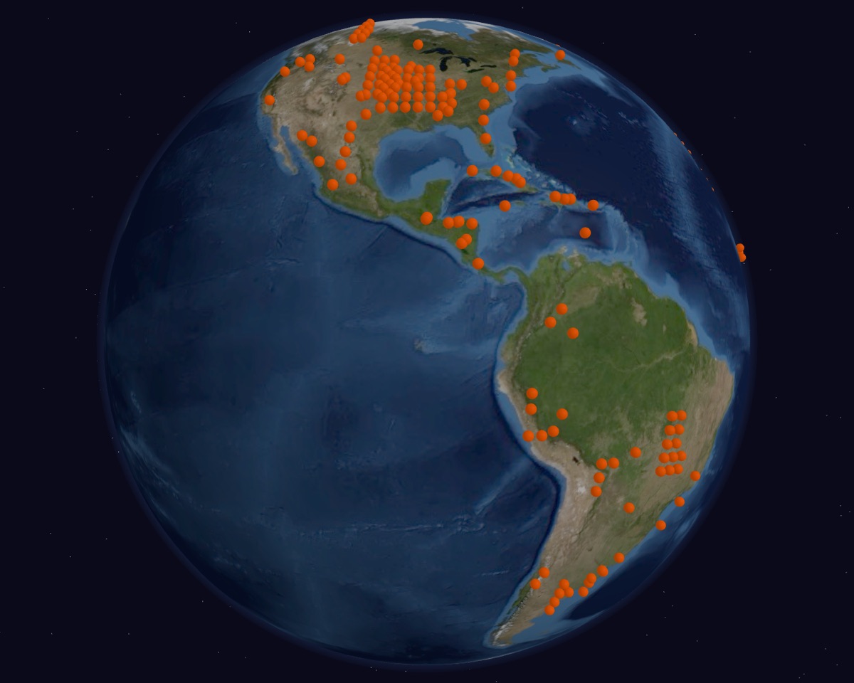 The Equinest’s 3D globe with breed markers across the Americas